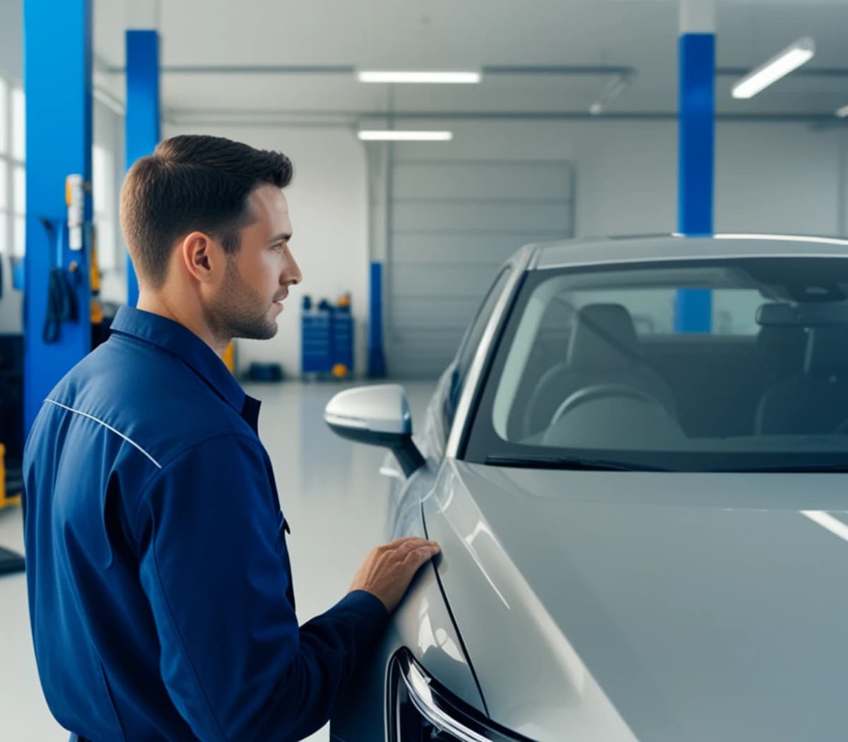 Automotive technician in a royal blue uniform inspecting a silver car in a modern garage