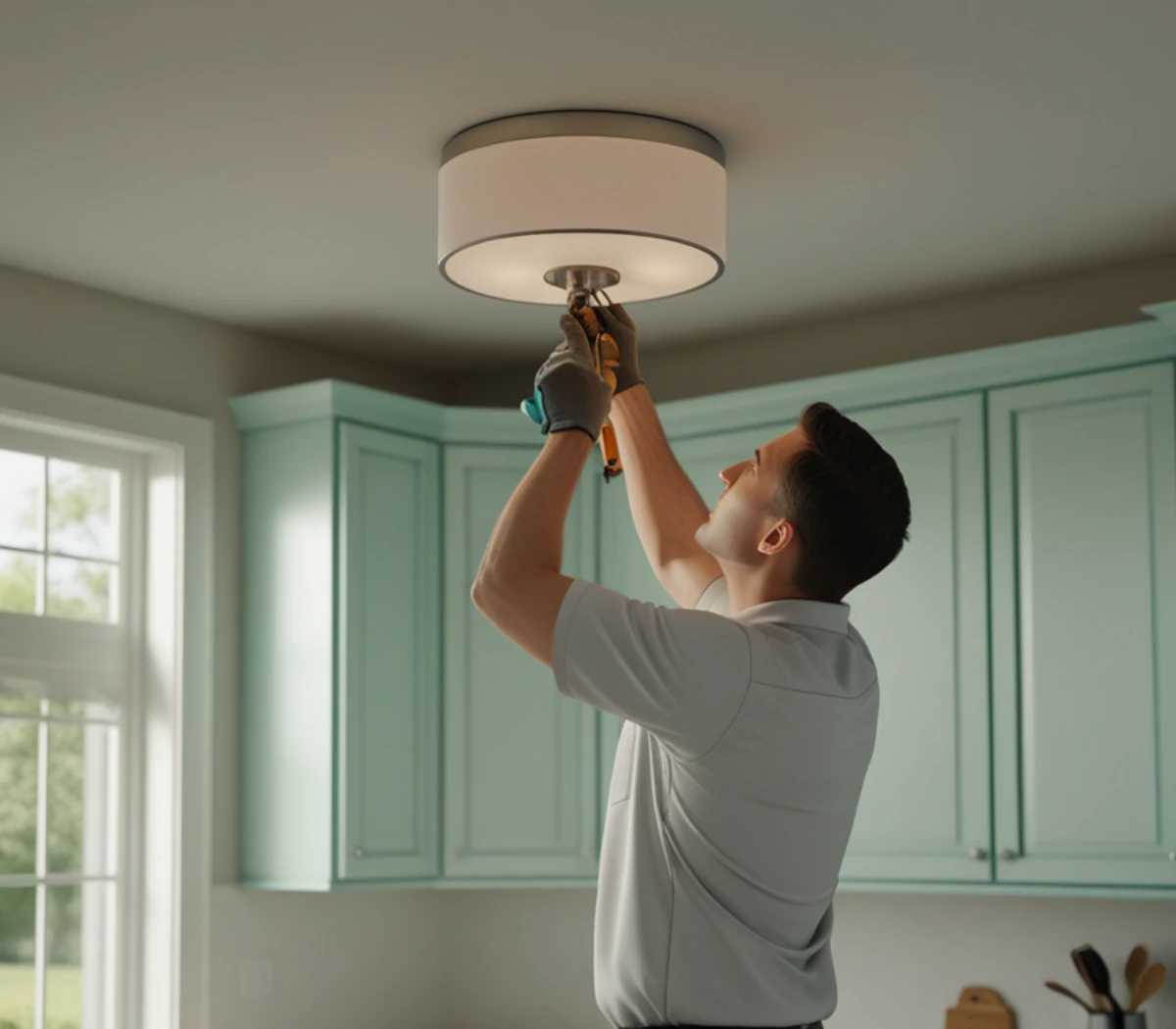 Home service technician repairing a ceiling light in a bright kitchen with cyan cabinets